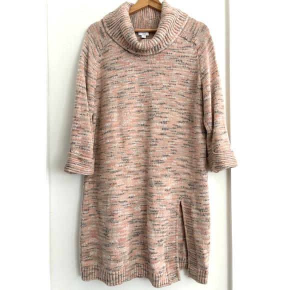 J Jill PureJill Size Large Tunic Sweater Dress Marled Knit Cowl Neck Pink Gray - Picture 1 of 13